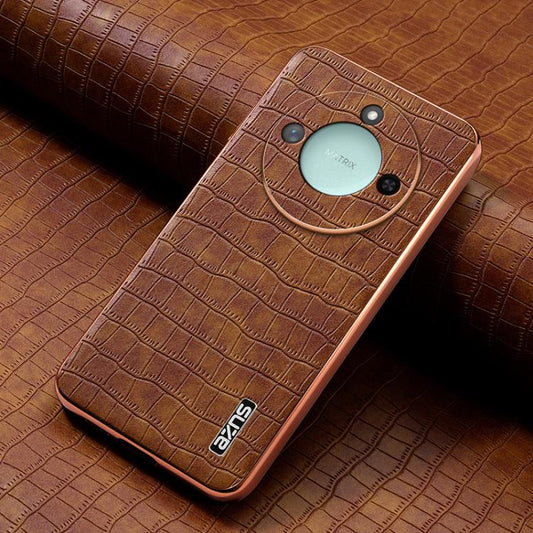 For Honor X60 AZNS Electroplated Frame Crocodile Texture Full Coverage Phone Case(Brown)
