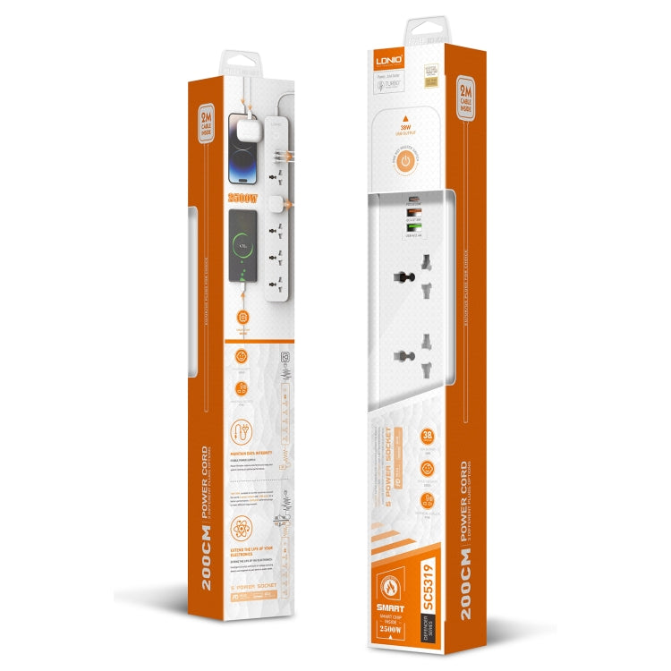 LDNIO SC5319 5-position Travel Home Office Socket with 38W USB Ports, Cable Length: 2m(EU Plug)