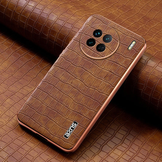 For vivo X90 / X90s AZNS Electroplated Frame Crocodile Texture Full Coverage Phone Case(Brown)