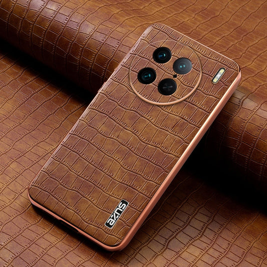 For vivo X90 Pro AZNS Electroplated Frame Crocodile Texture Full Coverage Phone Case(Brown)