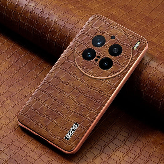 For vivo X200 Pro AZNS Electroplated Frame Crocodile Texture Full Coverage Phone Case(Brown)