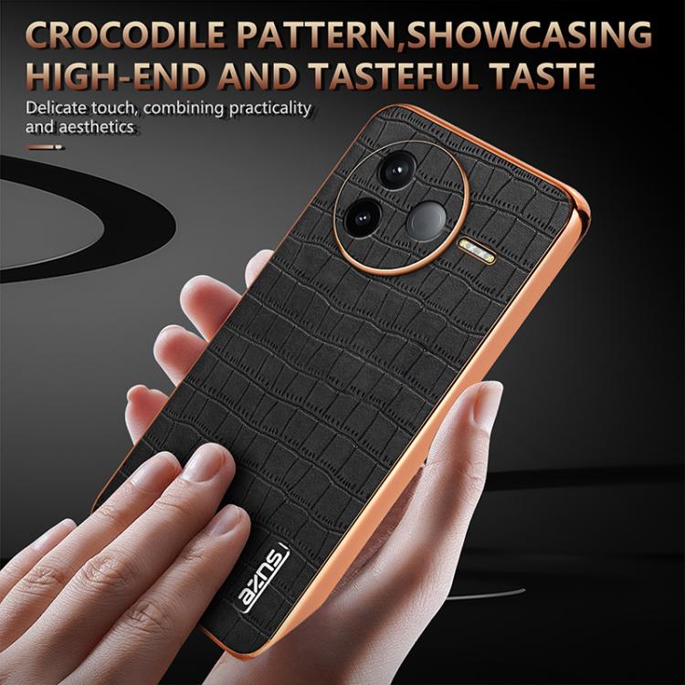 For Redmi K80 AZNS Electroplated Frame Crocodile Texture Full Coverage Phone Case(Brown)