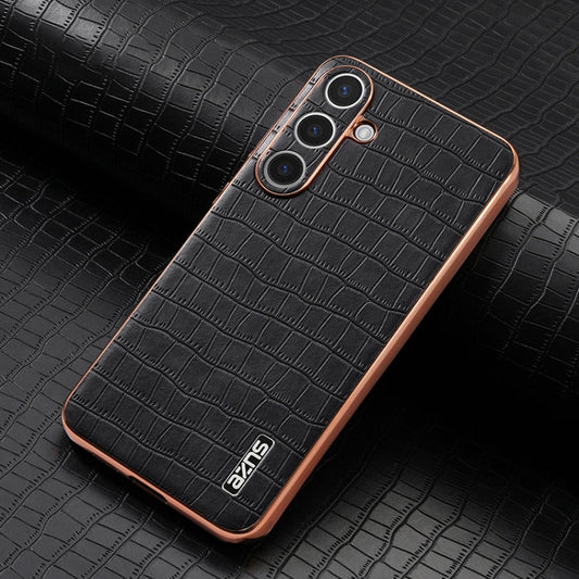 Pour Samsung Galaxy S25+ 5G AZNS Étui de téléphone à couverture complète avec cadre galvanisé et texture crocodile (Noir)