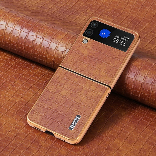 For Samsung Galaxy Z Flip4 5G AZNS Electroplated Frame Crocodile Texture Full Coverage Phone Case(Brown)