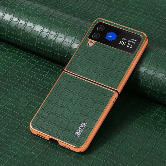 For Samsung Galaxy Z Flip4 5G AZNS Electroplated Frame Crocodile Texture Full Coverage Phone Case(Green)