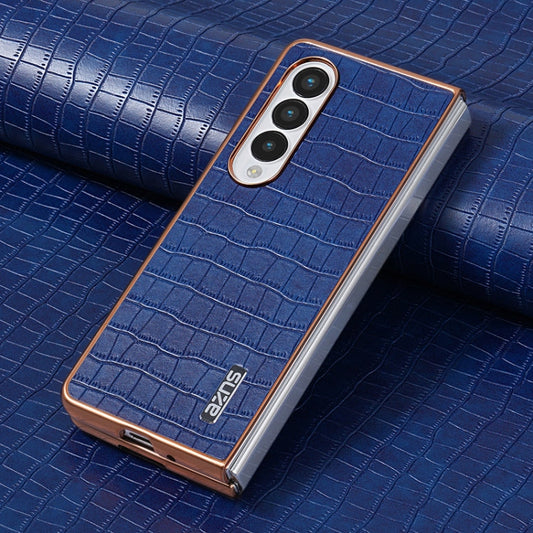 For Samsung Galaxy Z Fold4 5G AZNS Electroplated Frame Crocodile Texture Full Coverage Phone Case(Blue)