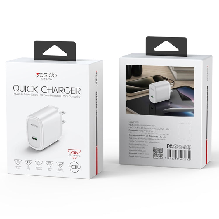 Yesido YC11U 20W PD USB-C / Type-C Fast Charging Charger, Specification:US Plug(White)