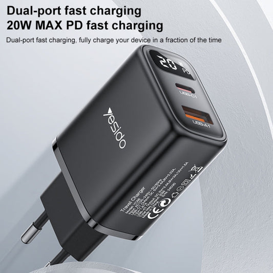 Chargeur Yesido YC68 20W USB-C / Type-C + USB avec affichage numérique, Spécification: prise UE (noir)