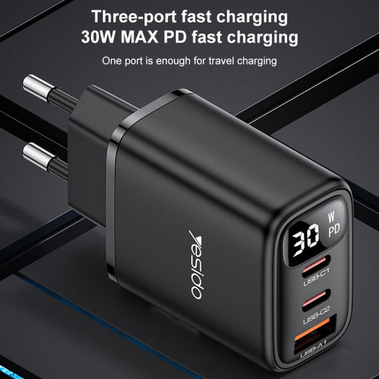Chargeur Yesido YC69 30W USB + double USB-C / Type-C avec affichage numérique, spécification : prise UE (noir)