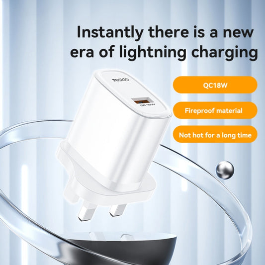 Chargeur rapide USB 18 W Yesido YC85C avec câble USB vers USB-C / Type-C, Spécification : prise UK (blanc)