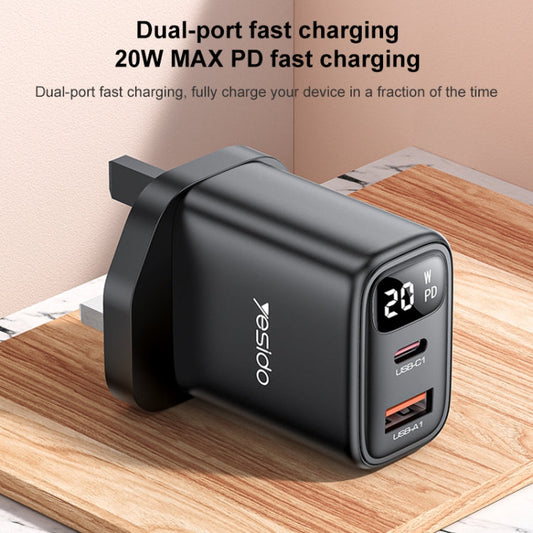 Chargeur Yesido YC87 PD 20W USB-C / Type-C + USB avec affichage numérique, spécification : prise britannique (noir)