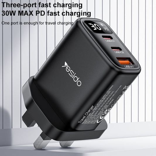 Chargeur Yesido YC88 30W USB + Double USB-C / Type-C avec affichage numérique, Spécification : Prise UK (Noir)