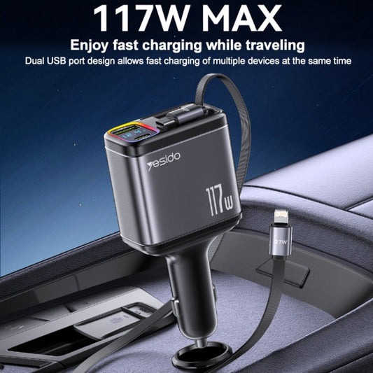Yesido Y63 4 en 1 117W USB-C / Type-C+USB Chargeur rapide de voiture multifonctionnel rétractable à double ligne avec affichage numérique (Noir)