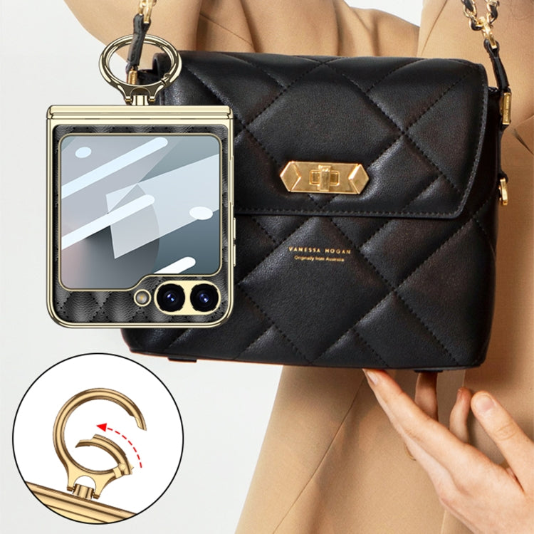For Samsung Galaxy Z Flip6 / Flip7 FE GKK Rhombus Pattern Integrated Electroplated Leather Phone Case with Ring(Black)
