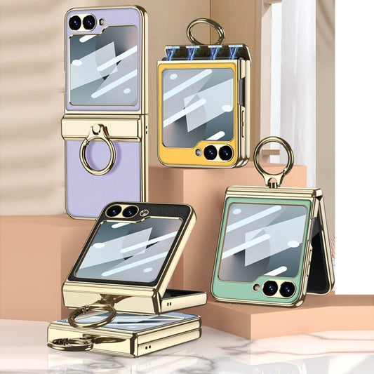 For Samsung Galaxy Z Flip6 / Flip7 FE GKK Integrated Electroplated Litchi Texture Leather Phone Case with Ring(Yellow)