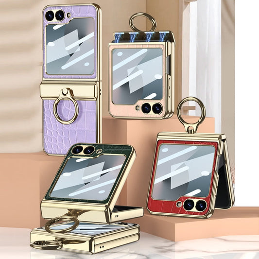 For Samsung Galaxy Z Flip7 FE / Flip6 GKK Integrated Electroplated Crocodile Texture Leather Phone Case with Ring(Green)