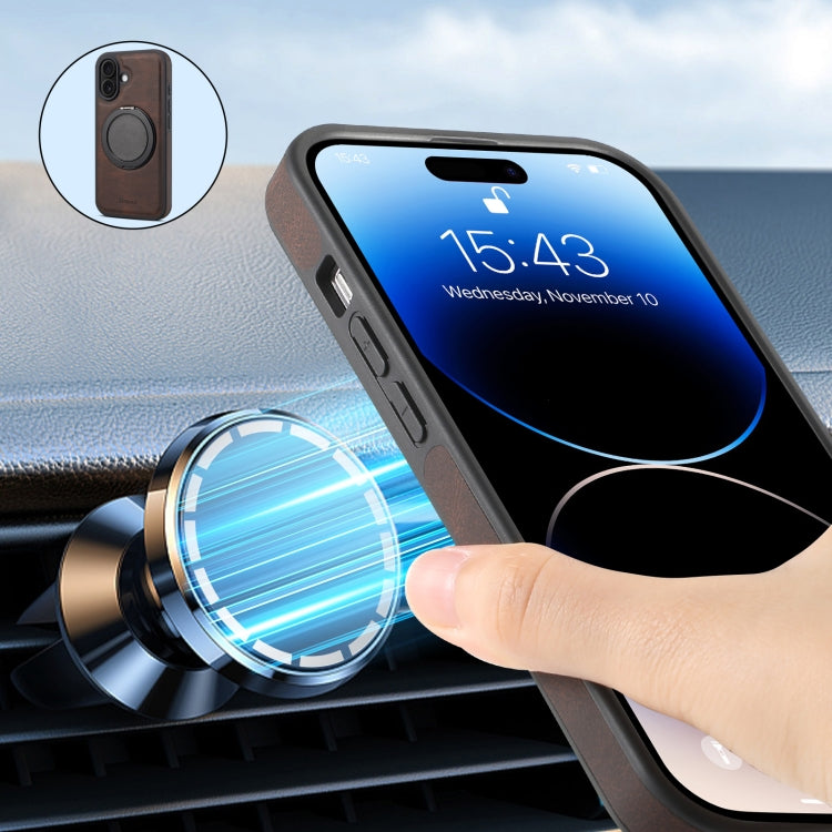 For iPhone 16 Plus Denior A14 Skin Feel Rotating Holder MagSafe Phone Case(Brown)