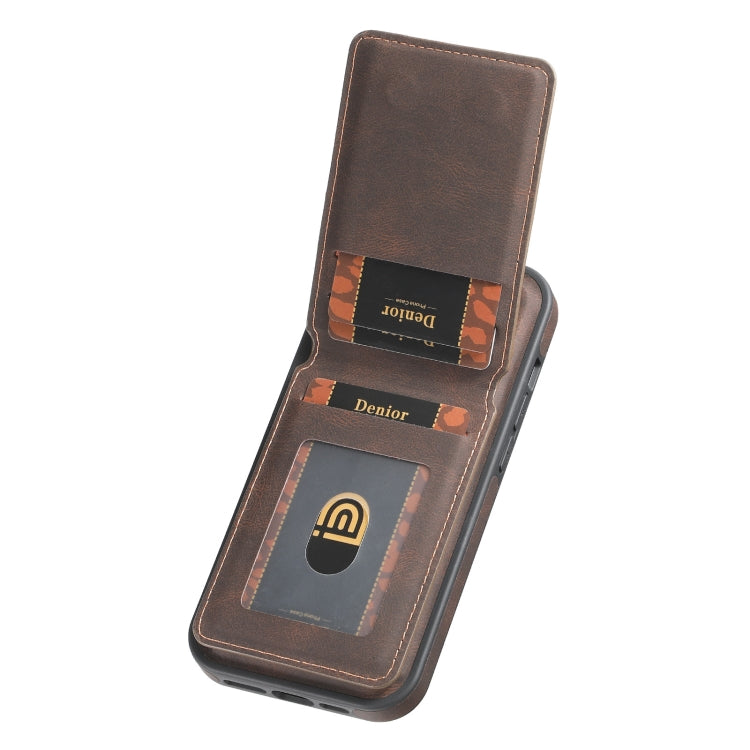 For iPhone 15 Pro Denior D18 Skin Feel Rotating Holder MagSafe Detachable Card Slot Phone Case(Brown)