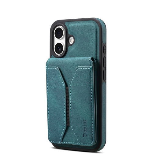 Pour iPhone 16 Denior D18 Étui de téléphone avec support rotatif effet peau, fente pour carte détachable et MagSafe (bleu)