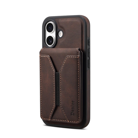 Pour iPhone 16 Denior D18 Étui de téléphone avec support rotatif effet peau et fentes pour cartes détachables MagSafe (marron)