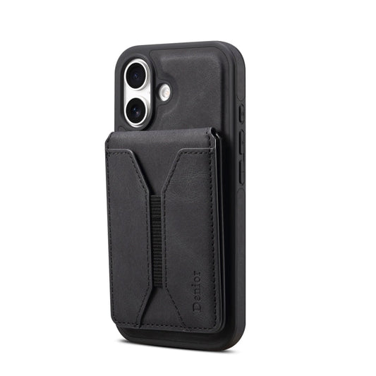 Pour iPhone 16 Denior D18 Étui de téléphone avec support rotatif effet peau, MagSafe et fente pour cartes détachable (Noir)