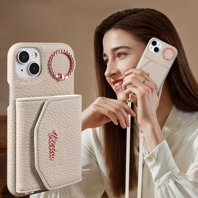 For iPhone 15 Pro Max VIETAO Ring Holder Card Bag Phone Case with Lanyard(White)