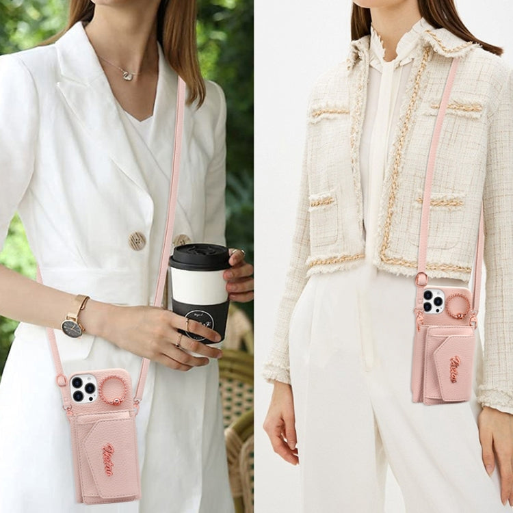 For iPhone 14 VIETAO Ring Holder Wallet PU Phone Case with Lanyard(Brown)