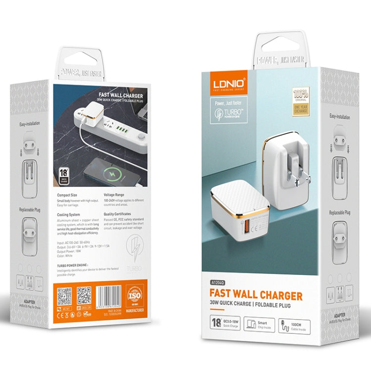LDNIO A1204Q QC3.0 18W USB Fast Charger with 1m USB to Micro USB Cable, Plug Type:UK Plug(White Gold)