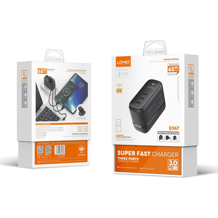 LDNIO Q367 65W GaN 3 x USB-C / Type-C Interface Charger with 1m USB-C / Type-C to USB-C / Type-C Data Cable, Plug Type:US Plug(Black)