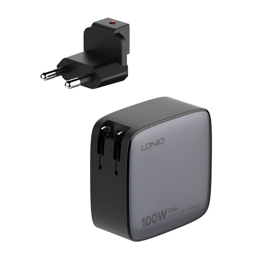 Chargeur LDNIO Q408 100W GaN USB+3 USB-C / Type-C avec câble de données USB-C / Type-C vers USB-C / Type-C de 1 m 100W, Type de prise : prise UE (Noir)