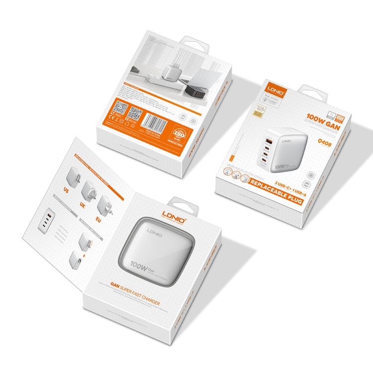 LDNIO Q408 100W GaN USB+3 USB-C / Type-C Interface Charger with 1m 100W USB-C / Type-C to USB-C / Type-C Data Cable, Plug Type:EU Plug(White)