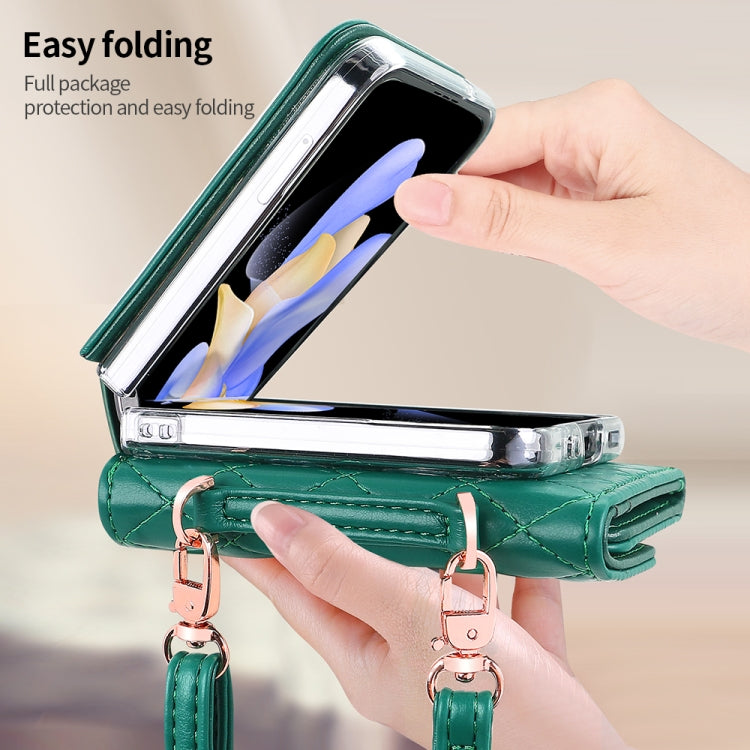 For Samsung Galaxy Z Flip5 VIETAO Rhombic Texture Wallet PU Phone Case with Long Lanyard(Green)