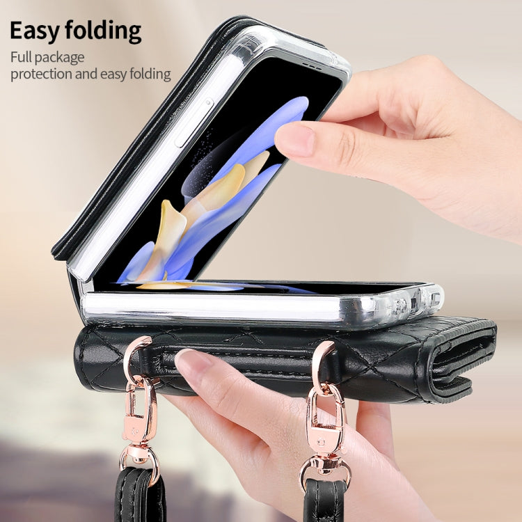 For Samsung Galaxy Z Flip3 5G VIETAO Rhombic Texture Wallet PU Phone Case with Long Lanyard(Black)