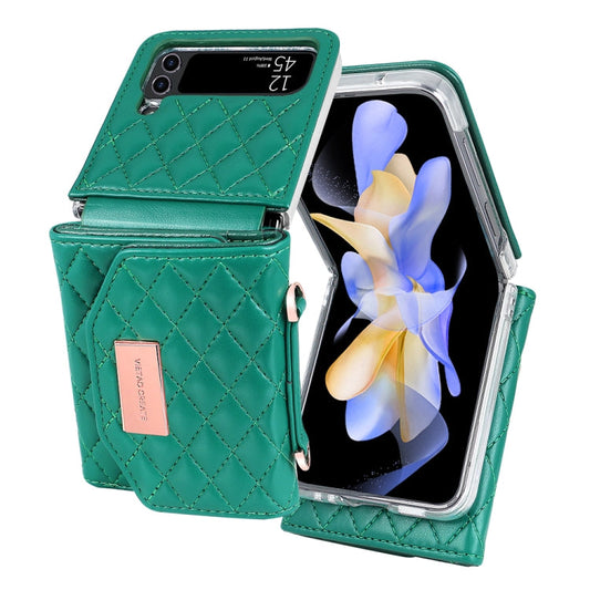 For Samsung Galaxy Z Flip3 5G VIETAO Rhombic Texture Wallet PU Phone Case with Long Lanyard(Green)