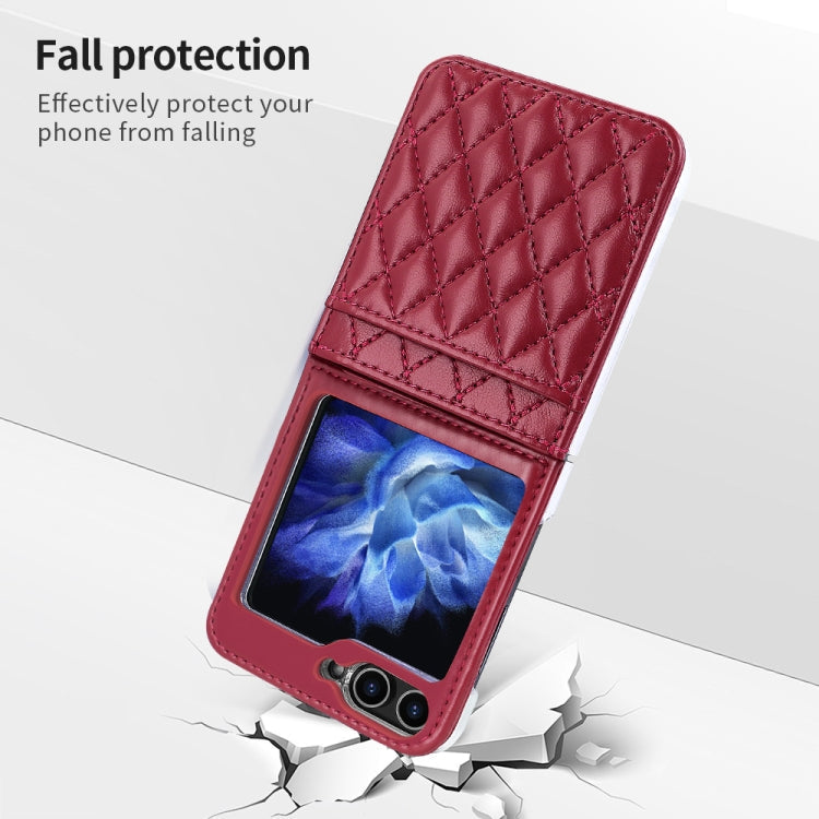 For Samsung Galaxy Z Flip5 VIETAO Rhombic Texture PU Card Slot Phone Case with Lanyard(Red)