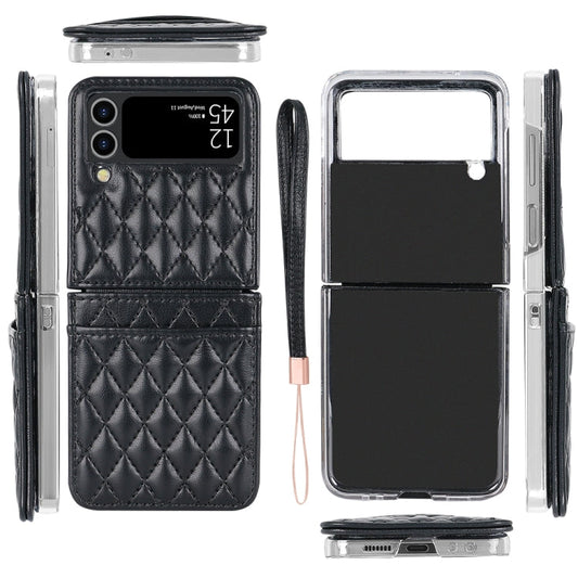 For Samsung Galaxy Z Flip4 VIETAO Rhombic Texture PU Card Slot Phone Case with Lanyard(Black)