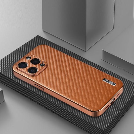 For iPhone 15 Pro Max AZNS Electroplated Edge Carbon Fiber Texture Phone Case(Brown)