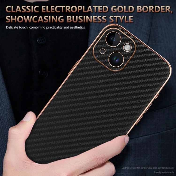 For iPhone 15 Plus AZNS Electroplated Edge Carbon Fiber Texture Phone Case(Brown)
