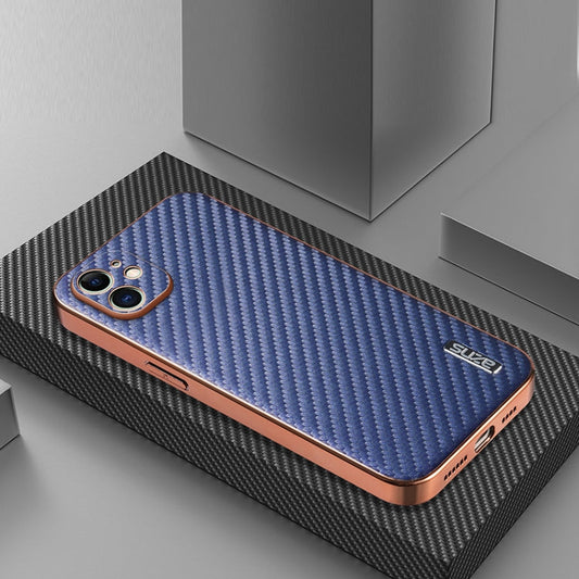 For iPhone 12 AZNS Electroplated Edge Carbon Fiber Texture Phone Case(Blue)