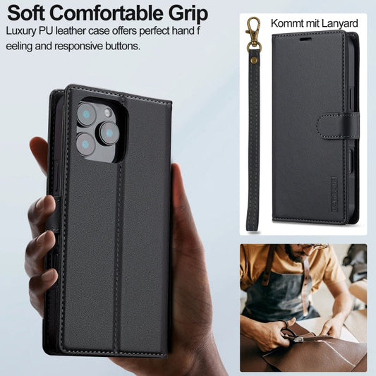 For iPhone 16 Pro Max LC.IMEEKE L2 Series Detachable Magsafe PU Phone Case with Lanyard(Black)