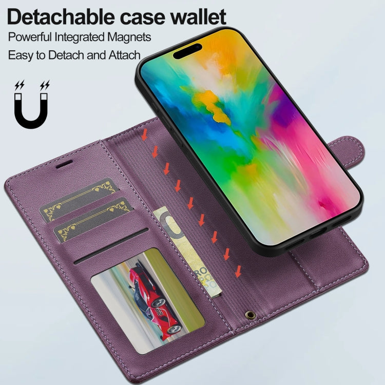 Pour iPhone 16 Pro Étui de téléphone en PU détachable LC.IMEEKE Série L2 avec Magsafe et Cordon (Violet)
