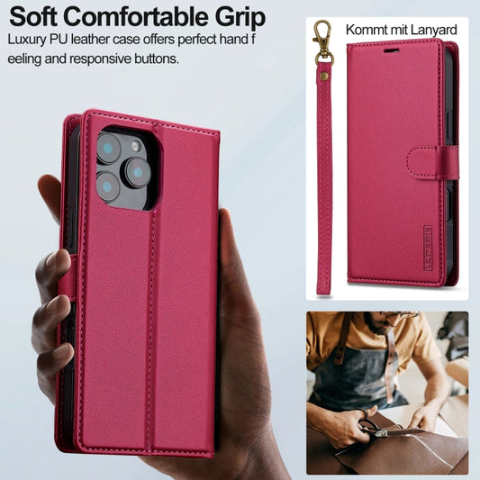 For iPhone 16 Pro LC.IMEEKE L2 Series Detachable Magsafe PU Phone Case with Lanyard(Red)