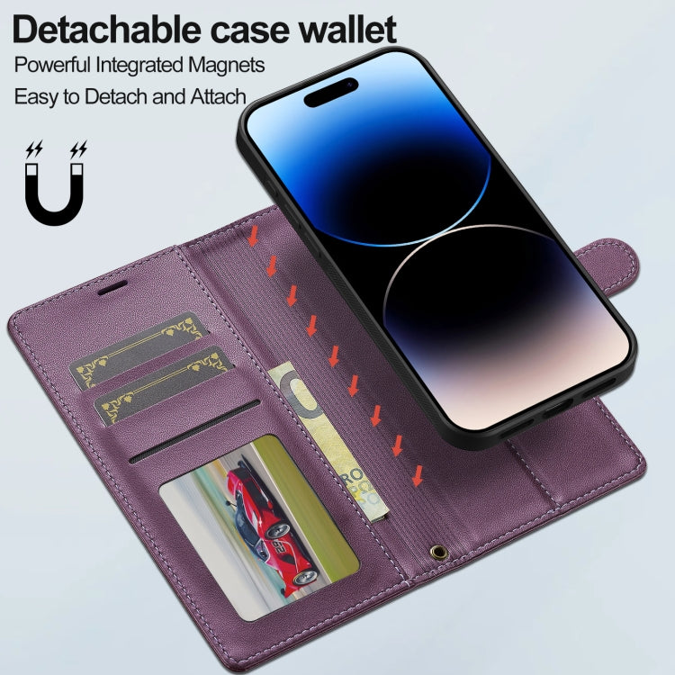 For iPhone 16 LC.IMEEKE L2 Series Detachable Magsafe PU Phone Case with Lanyard(Purple)