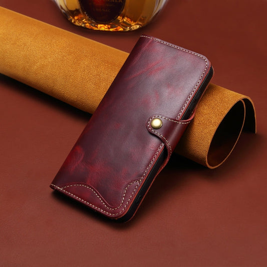 For iPhone 16 Pro Denior B01 Oil Wax Cowhide Magnetic Button Genuine Leather Case(Red)