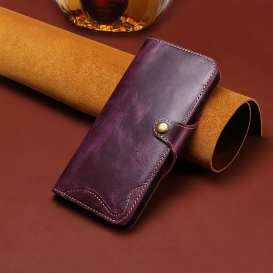 For iPhone 16 Pro Max Denior B01 Oil Wax Cowhide Magnetic Button Genuine Leather Case(Purple)