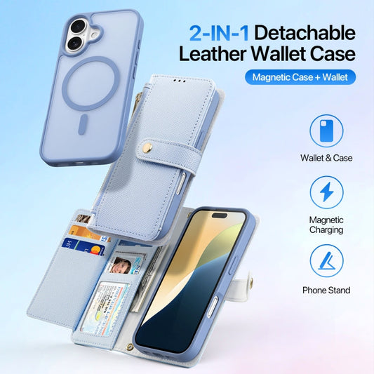 For iPhone 16 DUX DUCIS Lawa Series 2 in 1 Wallet Zipper Detachable MagSafe Phone Case with Lanyard(Light Blue)