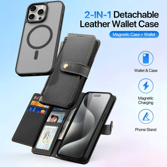 For iPhone 15 Pro Max DUX DUCIS Lawa Series 2 in 1 Wallet Zipper Detachable MagSafe Phone Case with Lanyard(Black)