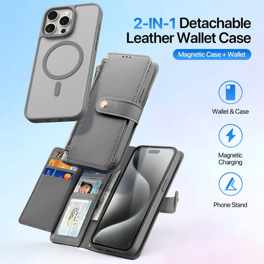 For iPhone 15 Pro Max DUX DUCIS Lawa Series 2 in 1 Wallet Zipper Detachable MagSafe Phone Case with Lanyard(Grey)
