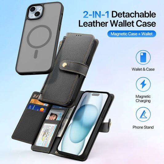 For iPhone 15 Plus DUX DUCIS Lawa Series 2 in 1 Wallet Zipper Detachable MagSafe Phone Case with Lanyard(Black)