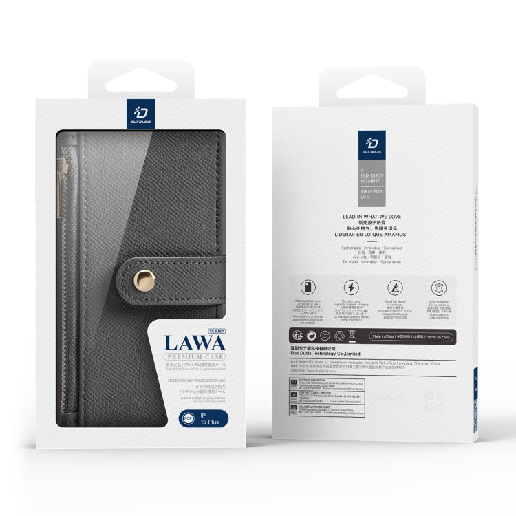 For iPhone 15 Plus DUX DUCIS Lawa Series 2 in 1 Wallet Zipper Detachable MagSafe Phone Case with Lanyard(Grey)